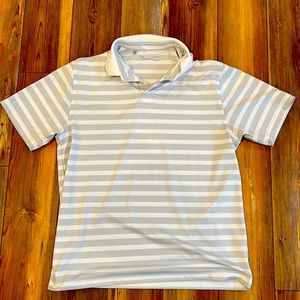 Under Armour “Heatgear” golf shirt. White/grey stripe. LG. Lightly worn/like new